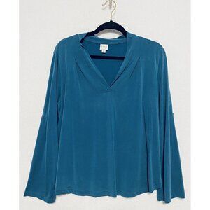 Pleione Top Womens Large V Neck Pullover Roll Tab Sleeves Blue Flowy Boho